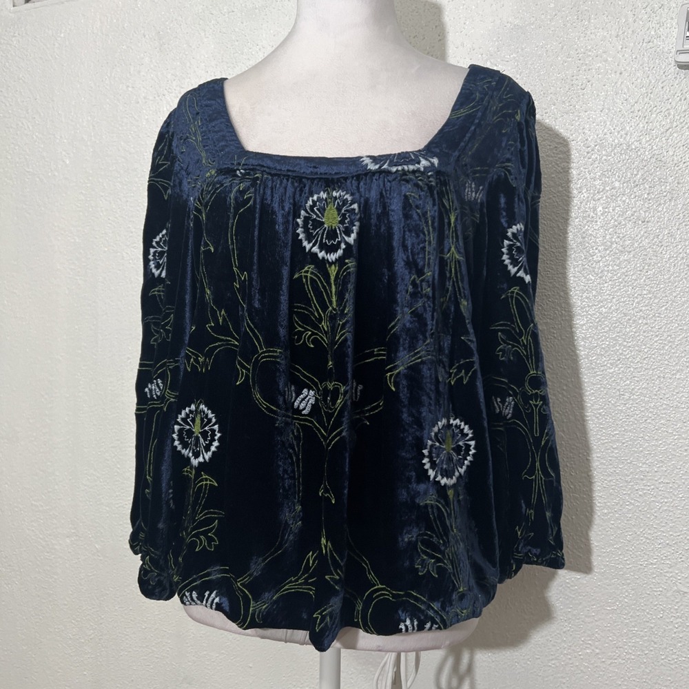 Anthropologie Velvet Blouse Blue Floral Green Puff Sleeves Size Small Boho EUC